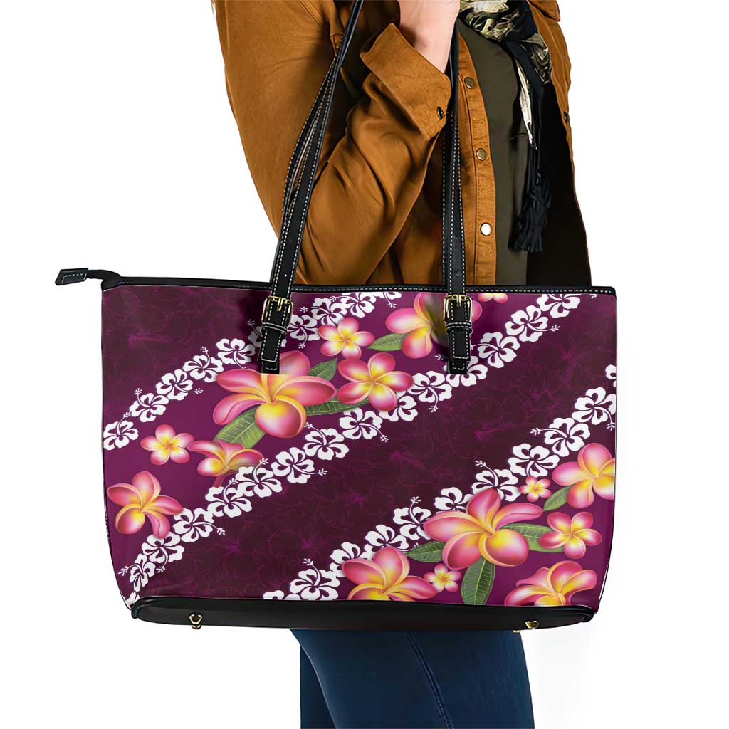 Pink Polynesia Leather Tote Bag Plumeria With Hibiscus Pattern Tropical Vibes LT14 - Polynesian Pride