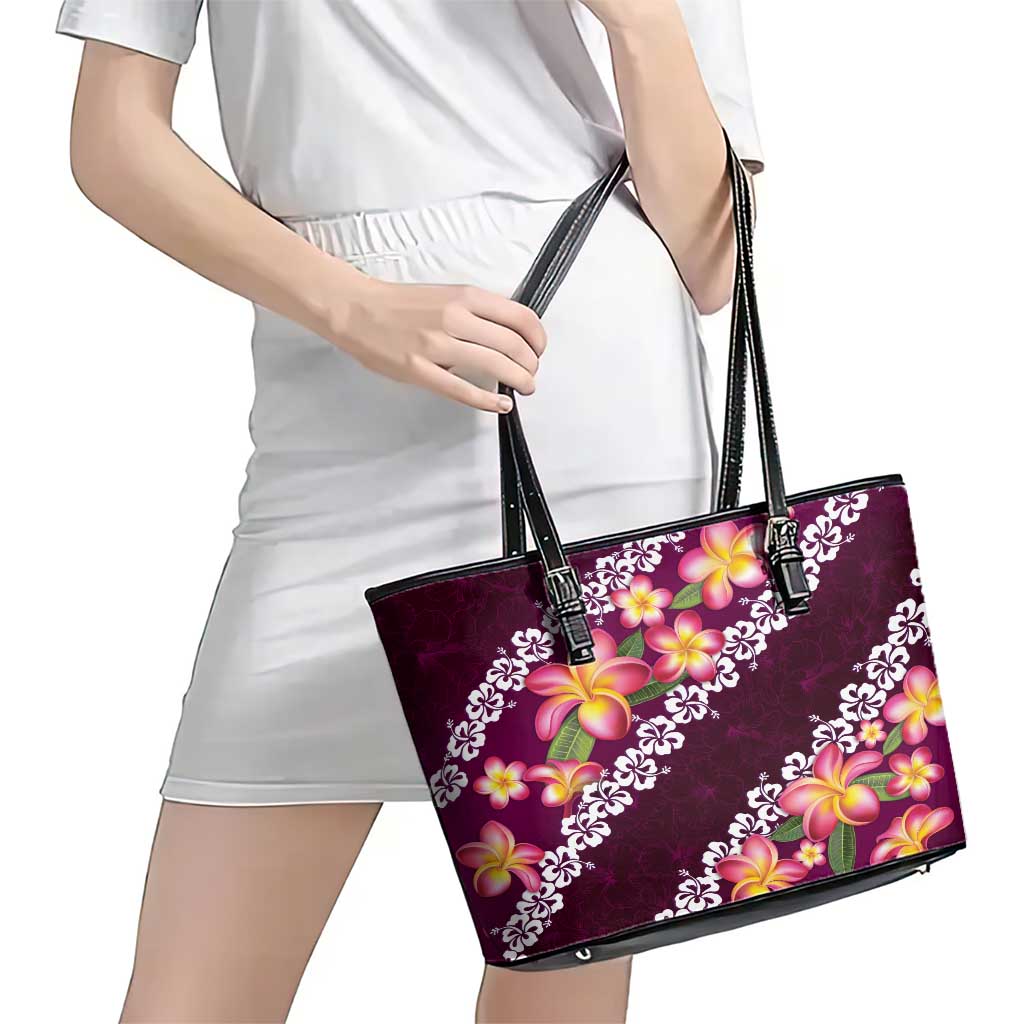 Pink Polynesia Leather Tote Bag Plumeria With Hibiscus Pattern Tropical Vibes LT14 - Polynesian Pride