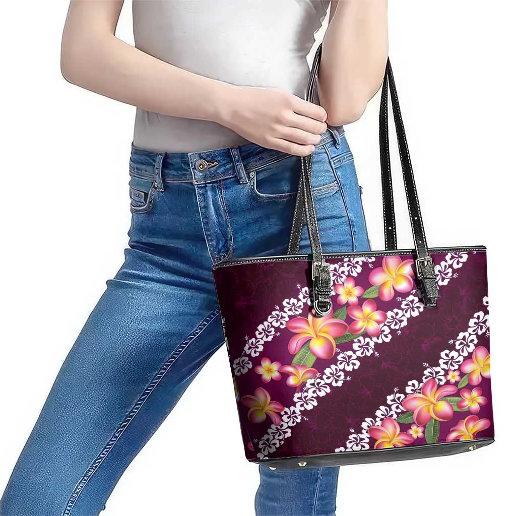 Pink Polynesia Leather Tote Bag Plumeria With Hibiscus Pattern Tropical Vibes LT14 - Polynesian Pride