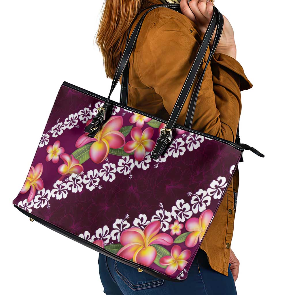 Pink Polynesia Leather Tote Bag Plumeria With Hibiscus Pattern Tropical Vibes LT14 - Polynesian Pride