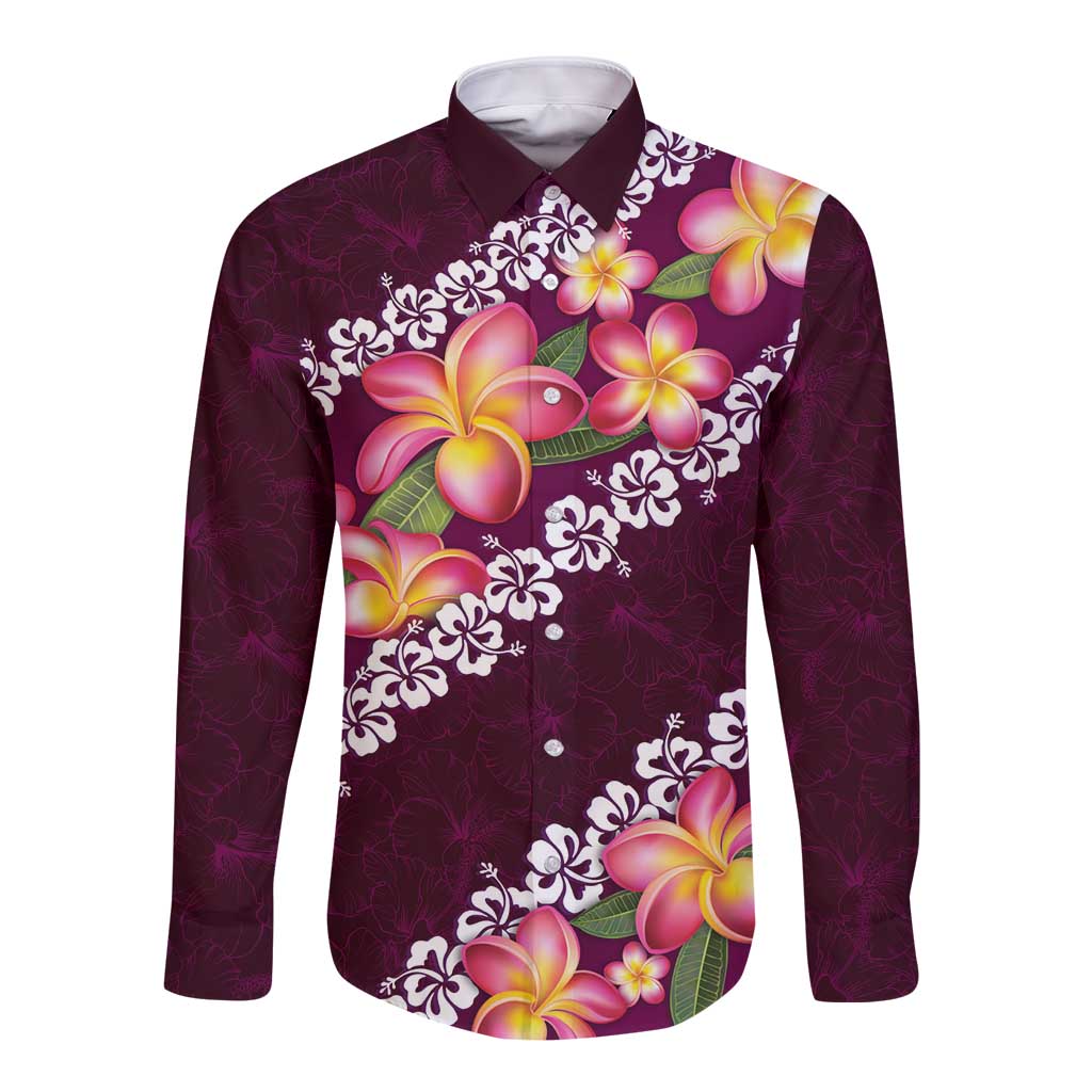 Pink Polynesia Long Sleeve Button Shirt Plumeria With Hibiscus Pattern Tropical Vibes