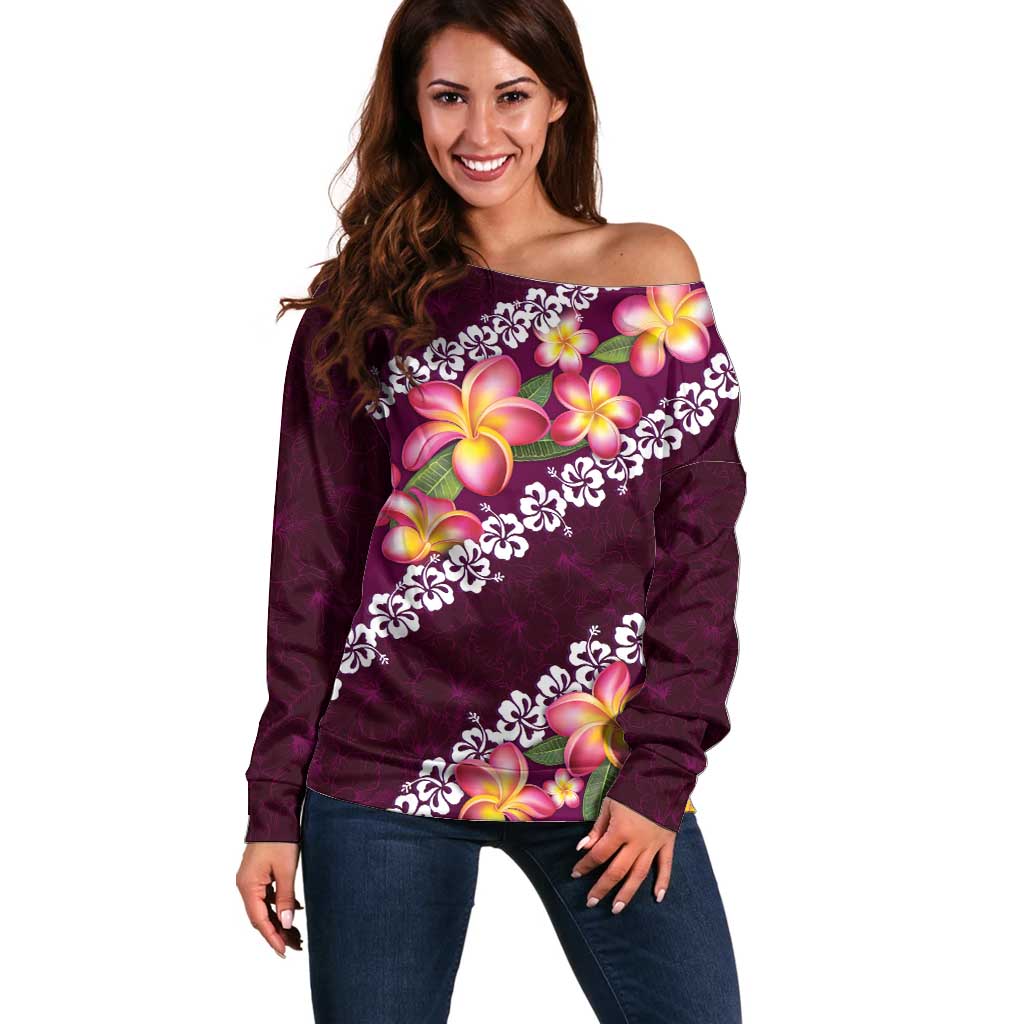 Pink Polynesia Off Shoulder Sweater Plumeria With Hibiscus Pattern Tropical Vibes