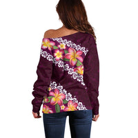 Pink Polynesia Off Shoulder Sweater Plumeria With Hibiscus Pattern Tropical Vibes