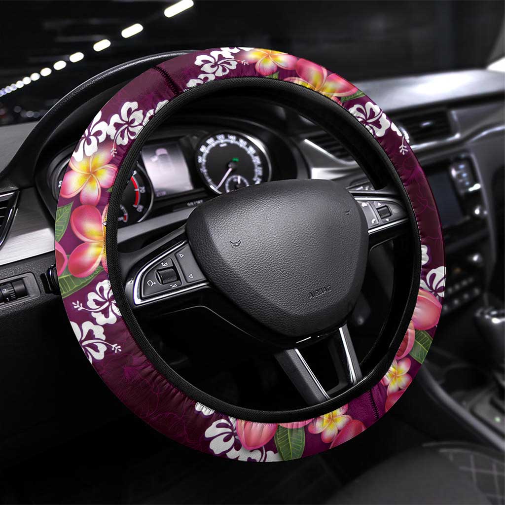 Pink Polynesia Steering Wheel Cover Plumeria With Hibiscus Pattern Tropical Vibes