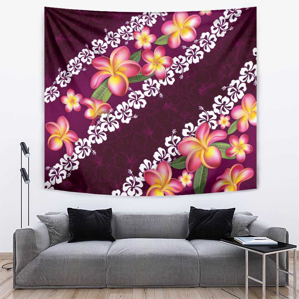 Pink Polynesia Tapestry Plumeria With Hibiscus Pattern Tropical Vibes