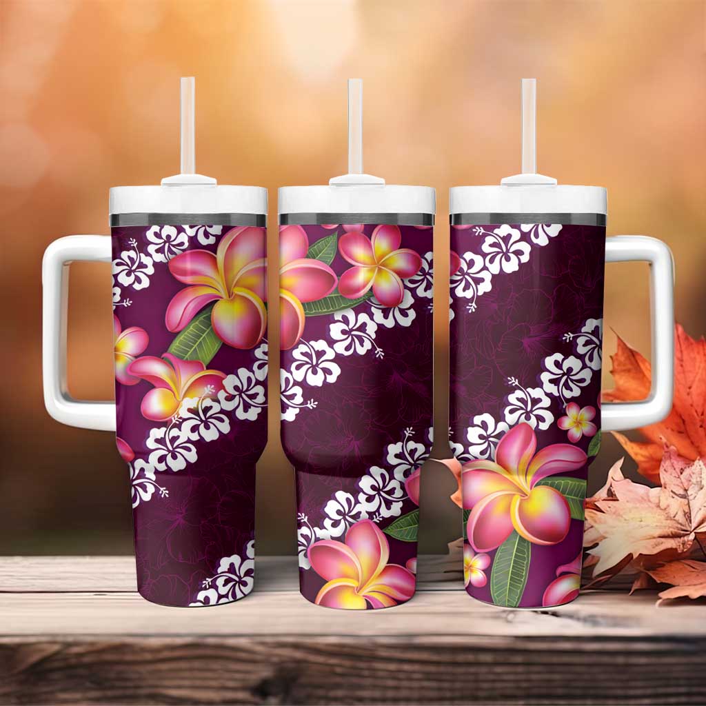 Pink Polynesia Tumbler With Handle Plumeria With Hibiscus Pattern Tropical Vibes LT14 - Polynesian Pride