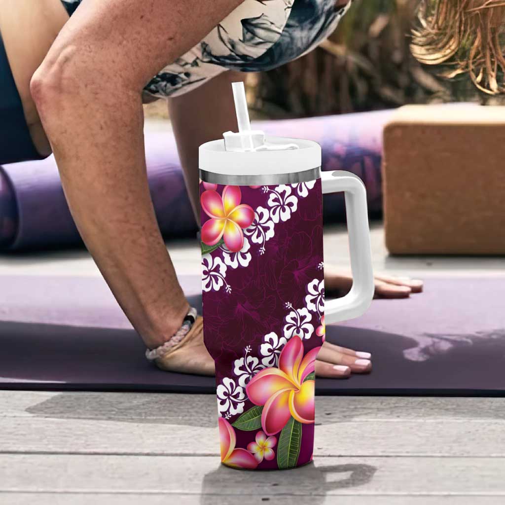 Pink Polynesia Tumbler With Handle Plumeria With Hibiscus Pattern Tropical Vibes LT14 - Polynesian Pride