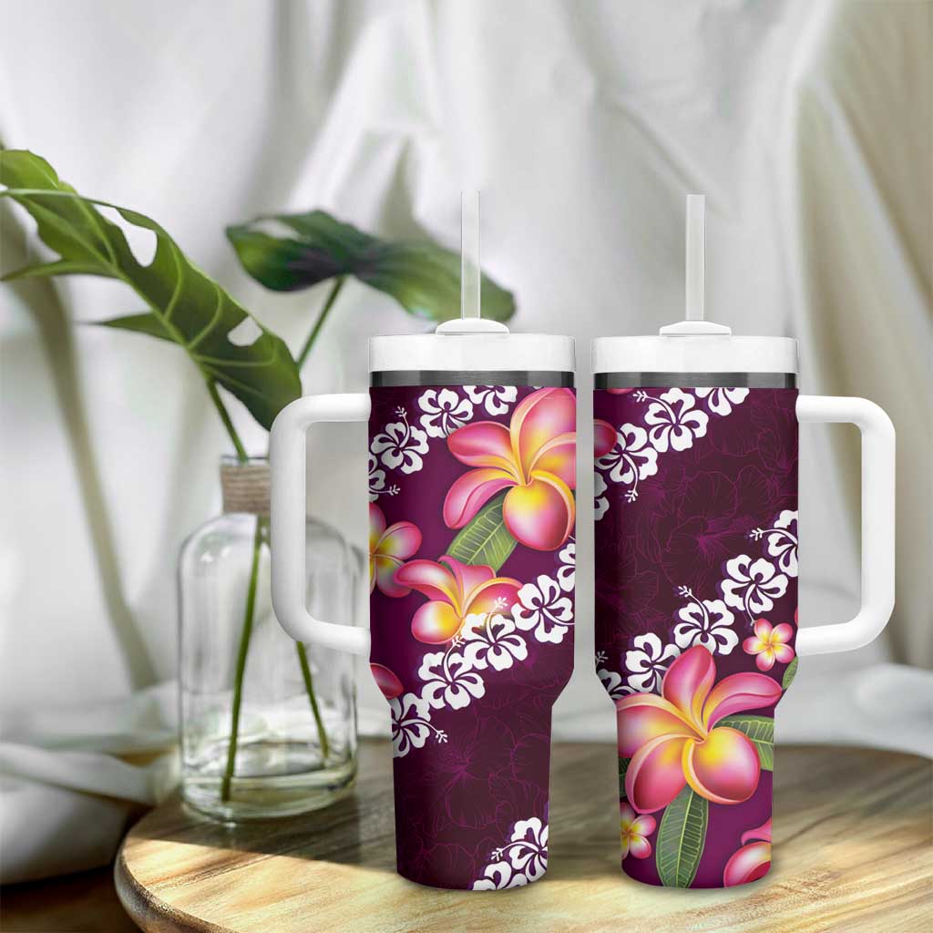 Pink Polynesia Tumbler With Handle Plumeria With Hibiscus Pattern Tropical Vibes LT14 - Polynesian Pride