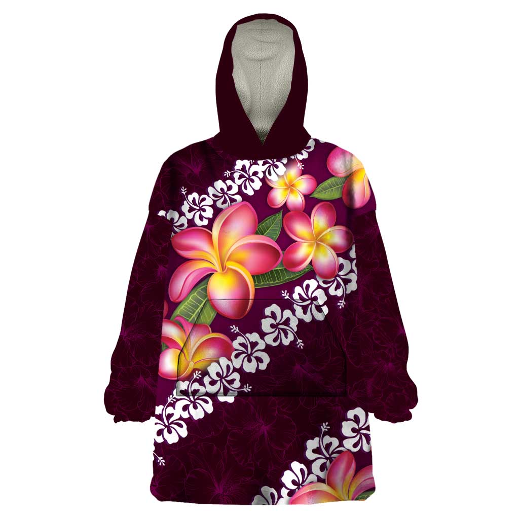 Pink Polynesia Wearable Blanket Hoodie Plumeria With Hibiscus Pattern Tropical Vibes