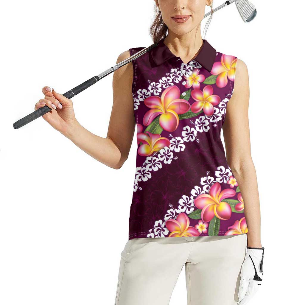 Pink Polynesia Women Sleeveless Polo Shirt Plumeria With Hibiscus Pattern Tropical Vibes