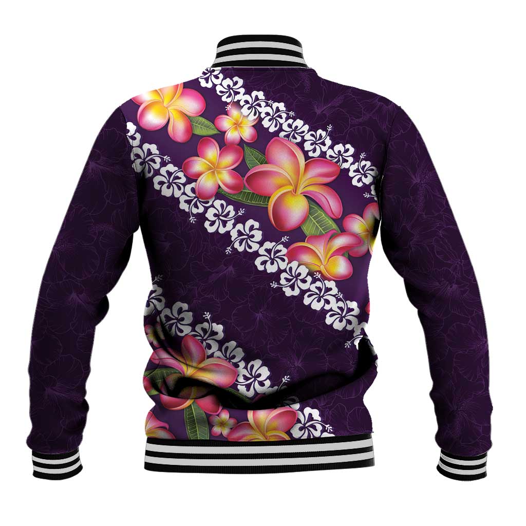 Purple Polynesia Baseball Jacket Plumeria With Hibiscus Pattern Tropical Vibes LT14 - Polynesian Pride