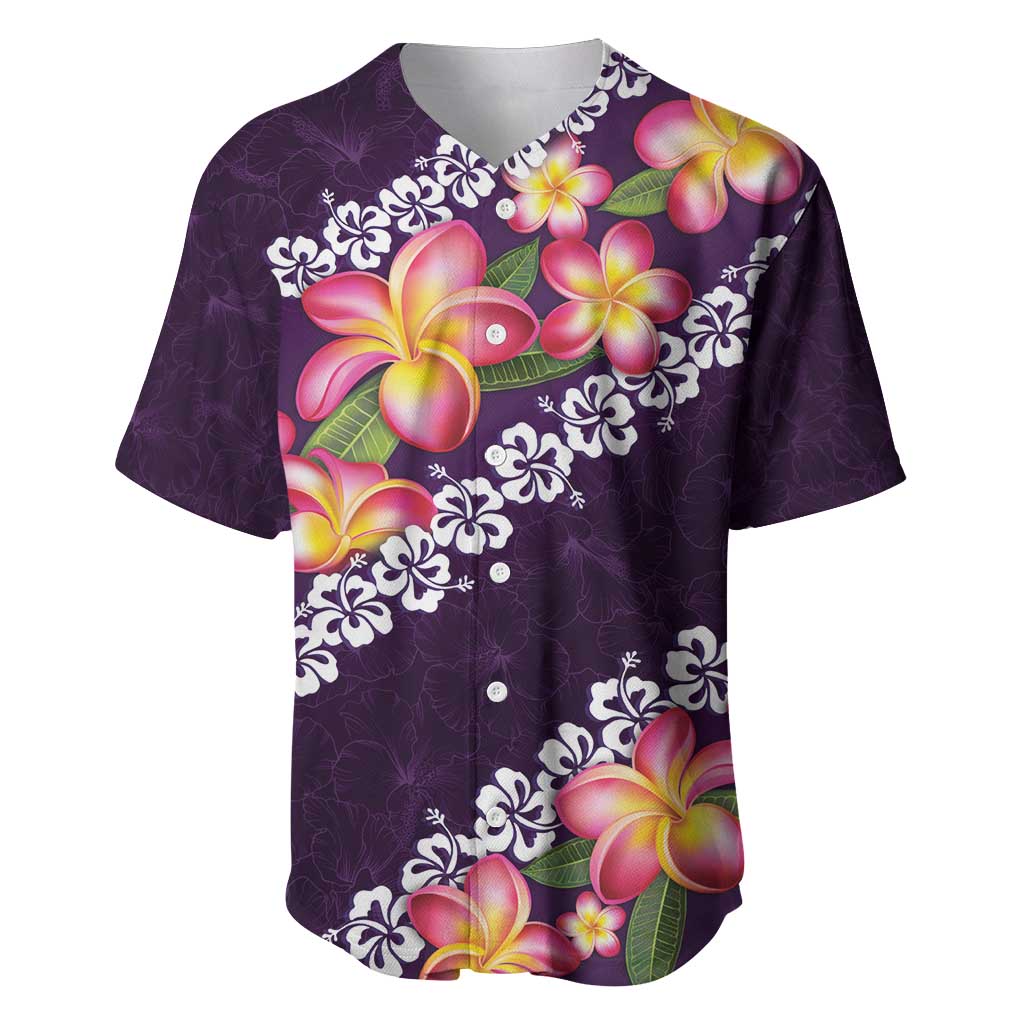 Purple Polynesia Baseball Jersey Plumeria With Hibiscus Pattern Tropical Vibes