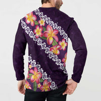 Purple Polynesia Button Sweatshirt Plumeria With Hibiscus Pattern Tropical Vibes LT14 - Polynesian Pride