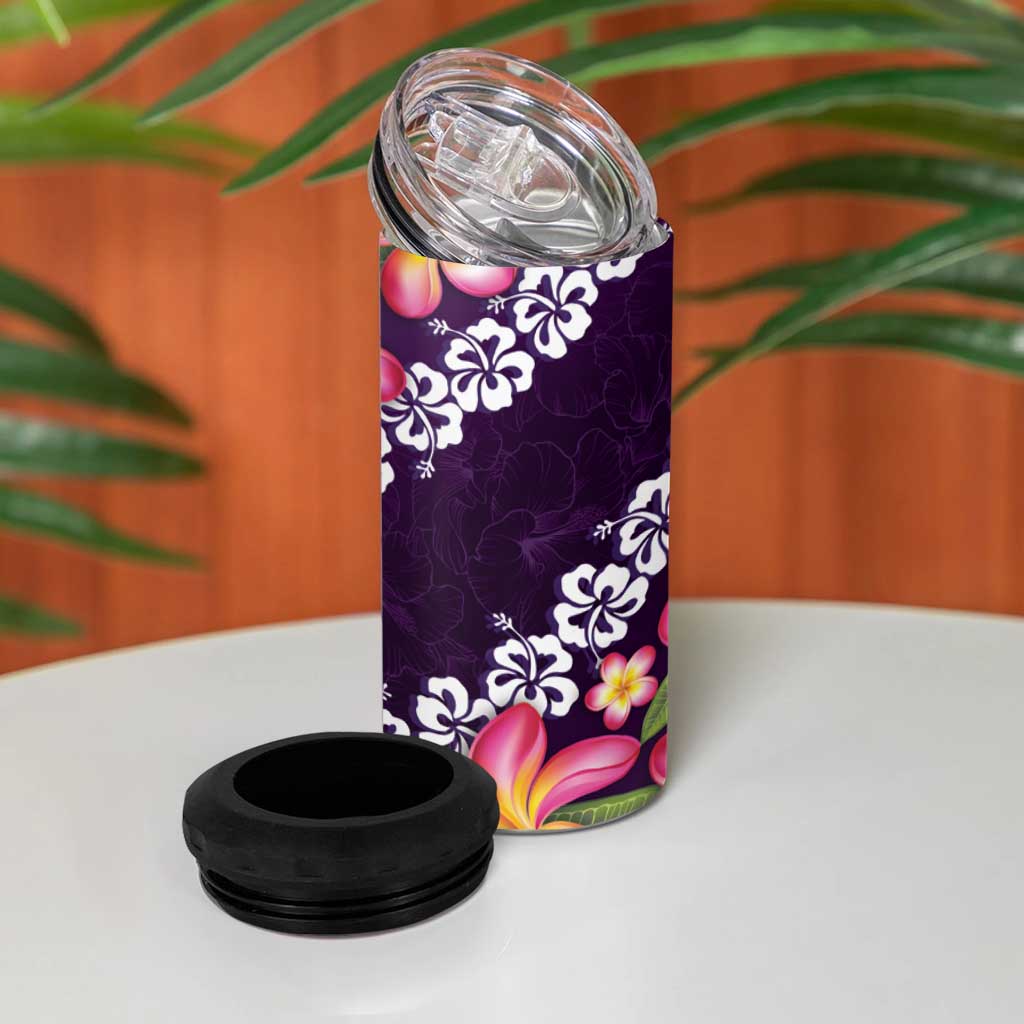 Purple Polynesia 4 in 1 Can Cooler Tumbler Plumeria With Hibiscus Pattern Tropical Vibes