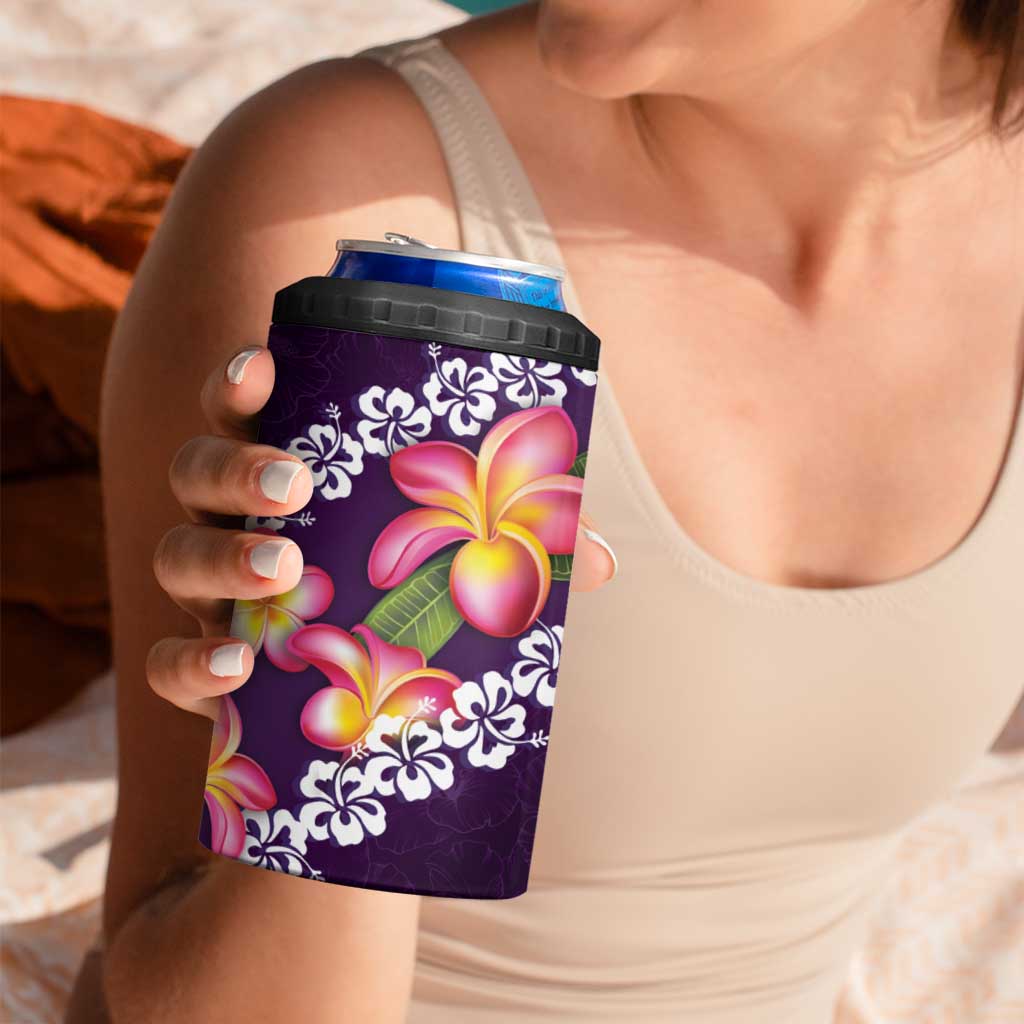 Purple Polynesia 4 in 1 Can Cooler Tumbler Plumeria With Hibiscus Pattern Tropical Vibes