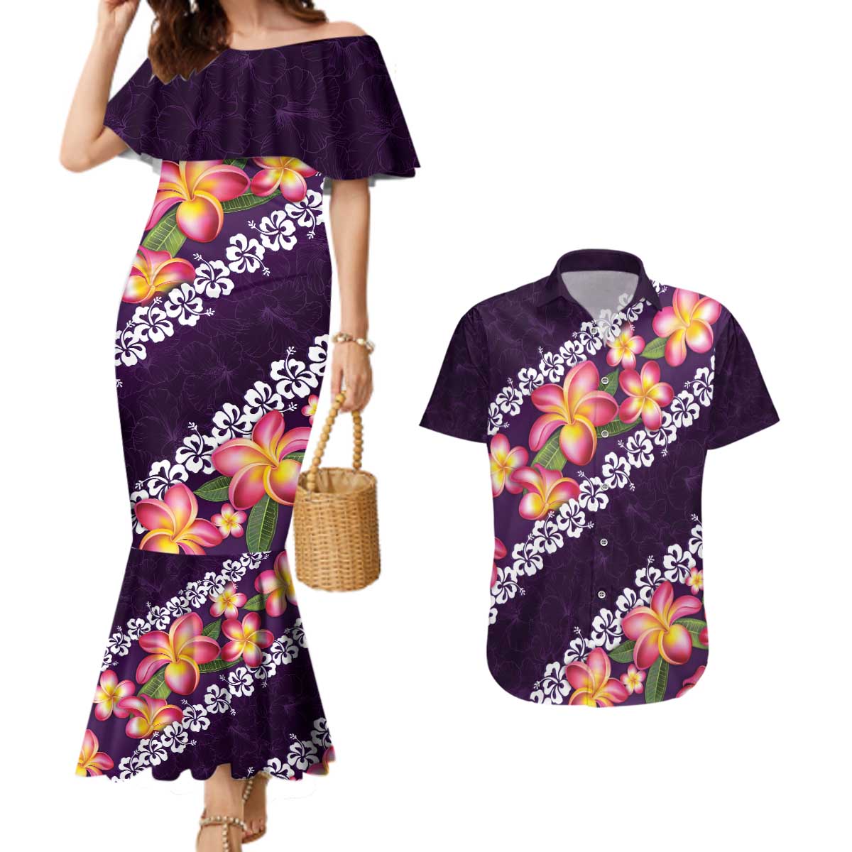 Purple Polynesia Couples Matching Mermaid Dress and Hawaiian Shirt Plumeria With Hibiscus Pattern Tropical Vibes