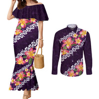 Purple Polynesia Couples Matching Mermaid Dress and Long Sleeve Button Shirt Plumeria With Hibiscus Pattern Tropical Vibes LT14 Purple - Polynesian Pride