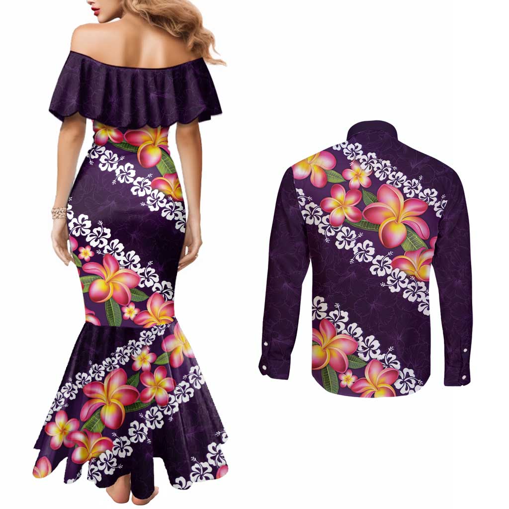Purple Polynesia Couples Matching Mermaid Dress and Long Sleeve Button Shirt Plumeria With Hibiscus Pattern Tropical Vibes LT14 - Polynesian Pride