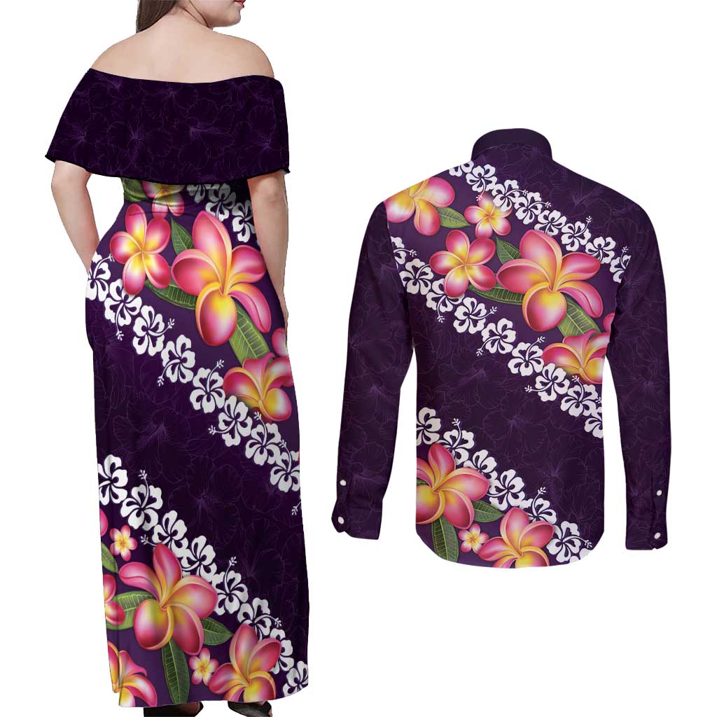 Purple Polynesia Couples Matching Off Shoulder Maxi Dress and Long Sleeve Button Shirt Plumeria With Hibiscus Pattern Tropical Vibes LT14 - Polynesian Pride