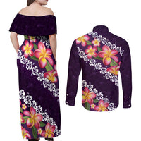 Purple Polynesia Couples Matching Off Shoulder Maxi Dress and Long Sleeve Button Shirt Plumeria With Hibiscus Pattern Tropical Vibes LT14 - Polynesian Pride