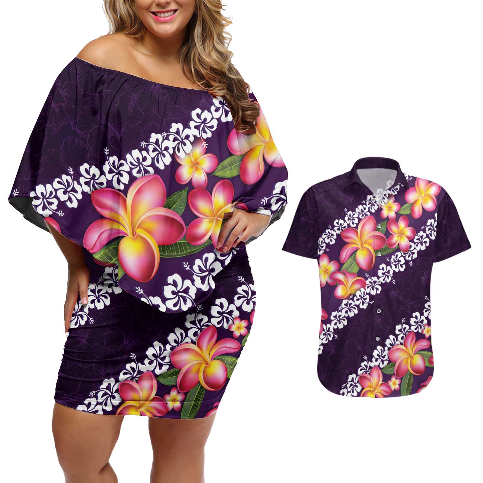 Purple Polynesia Couples Matching Off Shoulder Short Dress and Hawaiian Shirt Plumeria With Hibiscus Pattern Tropical Vibes