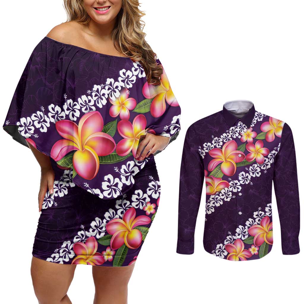 Purple Polynesia Couples Matching Off Shoulder Short Dress and Long Sleeve Button Shirt Plumeria With Hibiscus Pattern Tropical Vibes LT14 Purple - Polynesian Pride