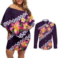 Purple Polynesia Couples Matching Off Shoulder Short Dress and Long Sleeve Button Shirt Plumeria With Hibiscus Pattern Tropical Vibes LT14 Purple - Polynesian Pride