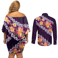 Purple Polynesia Couples Matching Off Shoulder Short Dress and Long Sleeve Button Shirt Plumeria With Hibiscus Pattern Tropical Vibes LT14 - Polynesian Pride