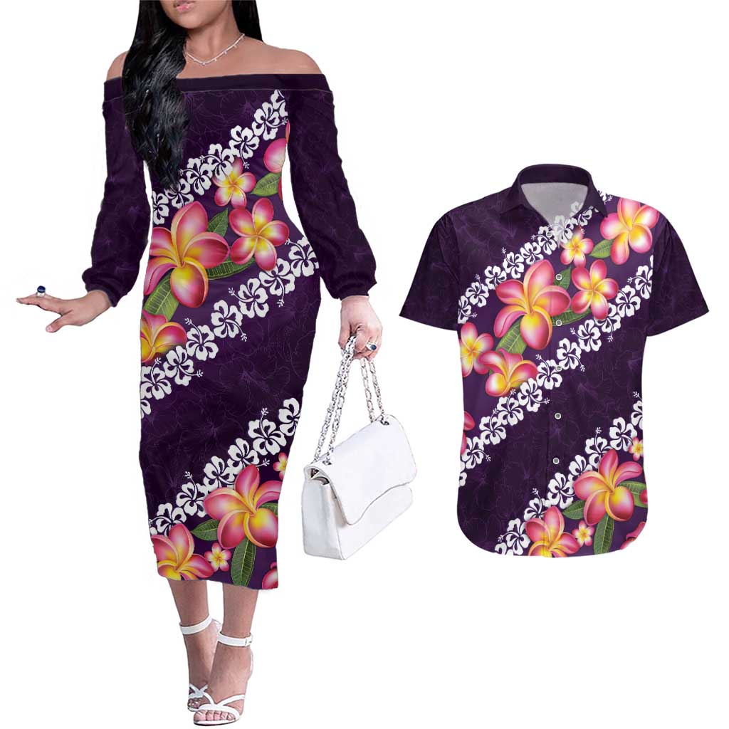 Purple Polynesia Couples Matching Off The Shoulder Long Sleeve Dress and Hawaiian Shirt Plumeria With Hibiscus Pattern Tropical Vibes