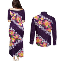 Purple Polynesia Couples Matching Puletasi and Long Sleeve Button Shirt Plumeria With Hibiscus Pattern Tropical Vibes LT14 - Polynesian Pride
