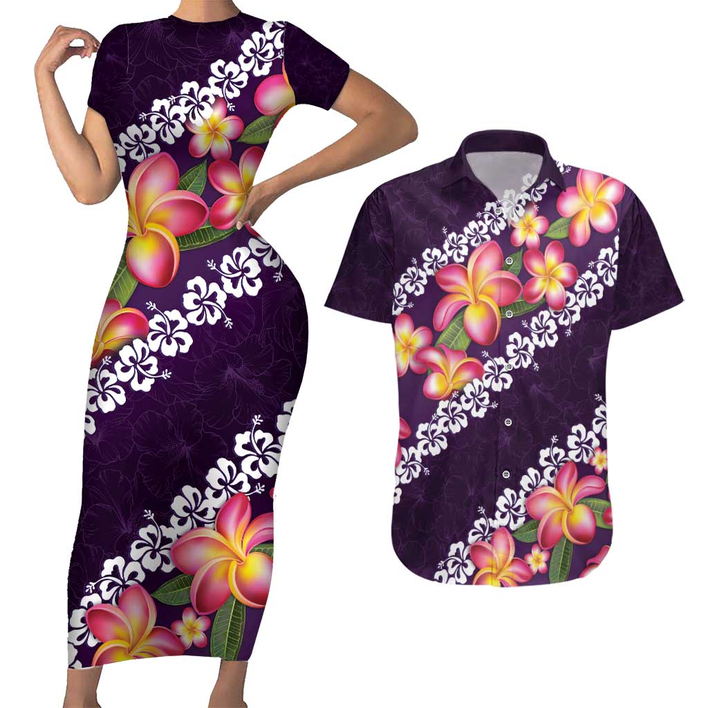 Purple Polynesia Couples Matching Short Sleeve Bodycon Dress and Hawaiian Shirt Plumeria With Hibiscus Pattern Tropical Vibes