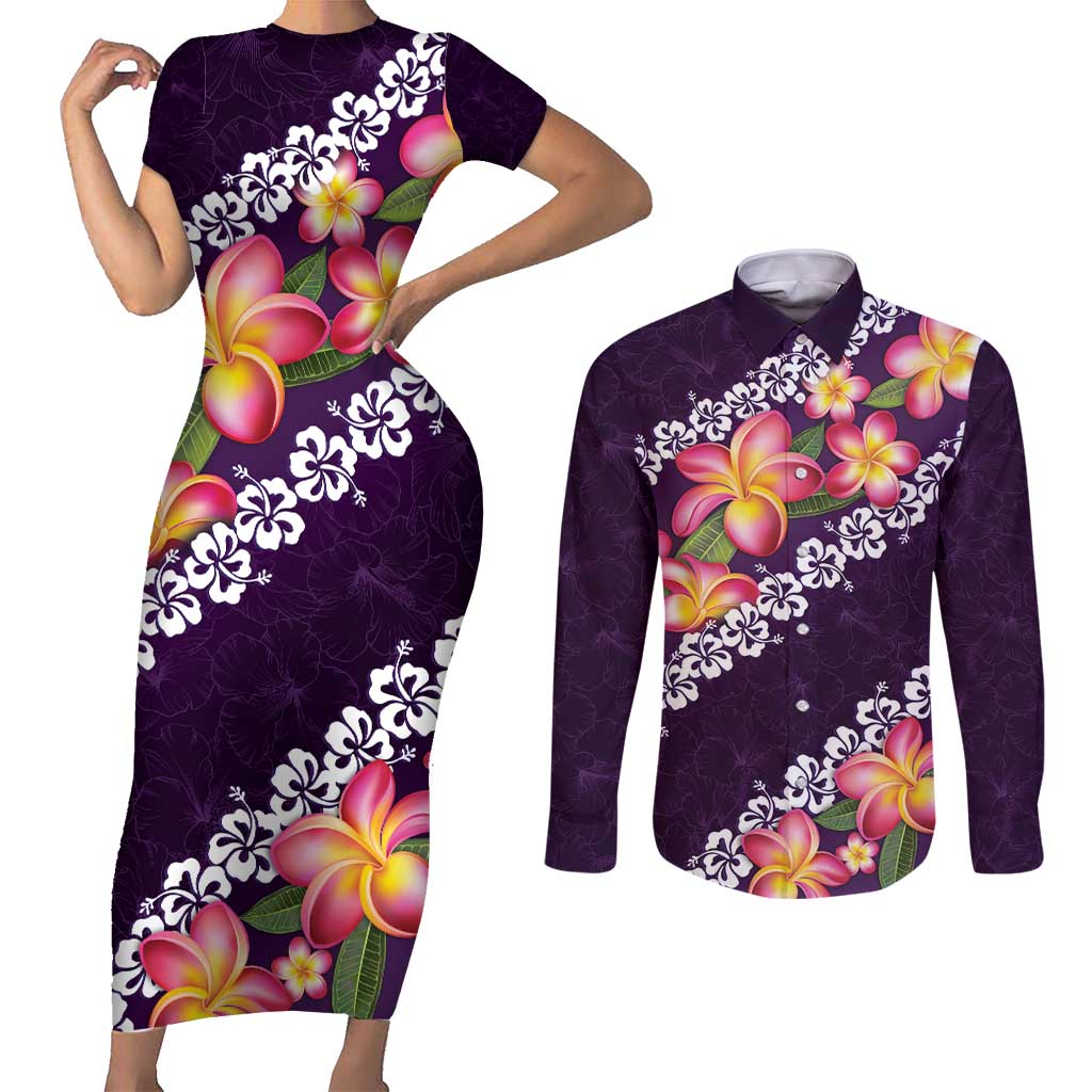 Purple Polynesia Couples Matching Short Sleeve Bodycon Dress and Long Sleeve Button Shirt Plumeria With Hibiscus Pattern Tropical Vibes LT14 Purple - Polynesian Pride