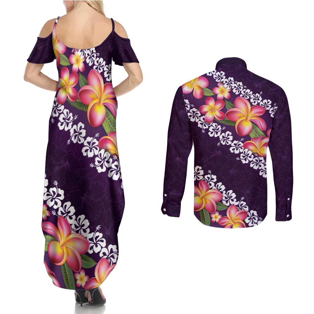 Purple Polynesia Couples Matching Summer Maxi Dress and Long Sleeve Button Shirt Plumeria With Hibiscus Pattern Tropical Vibes LT14 - Polynesian Pride