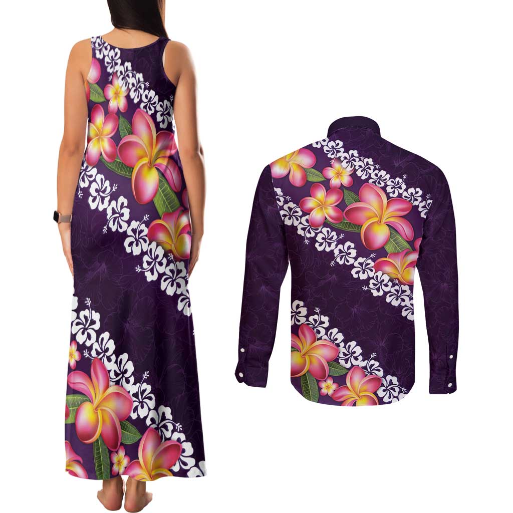 Purple Polynesia Couples Matching Tank Maxi Dress and Long Sleeve Button Shirt Plumeria With Hibiscus Pattern Tropical Vibes LT14 - Polynesian Pride