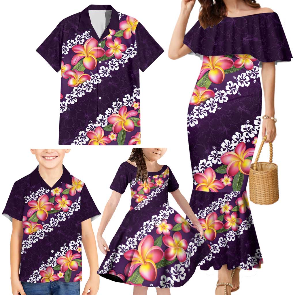 Purple Polynesia Family Matching Mermaid Dress and Hawaiian Shirt Plumeria With Hibiscus Pattern Tropical Vibes