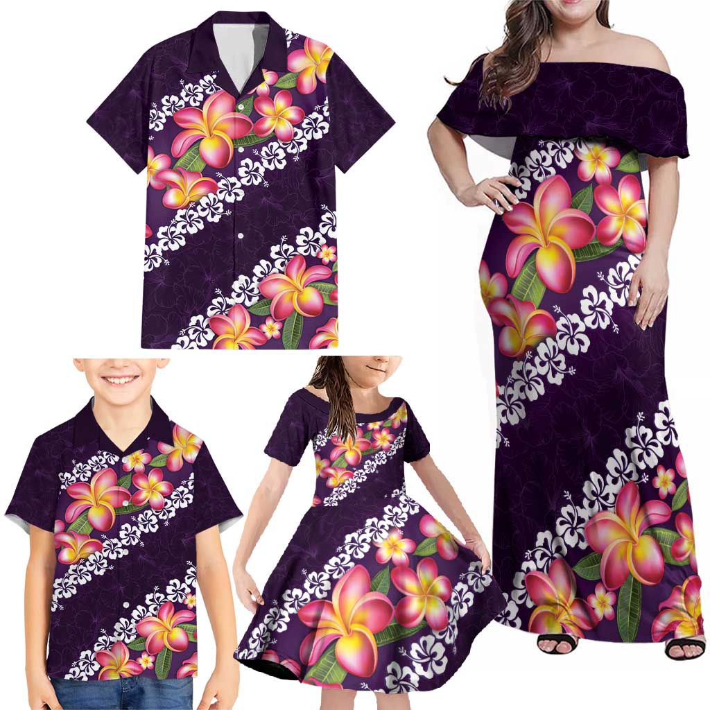 Purple Polynesia Family Matching Off Shoulder Maxi Dress and Hawaiian Shirt Plumeria With Hibiscus Pattern Tropical Vibes