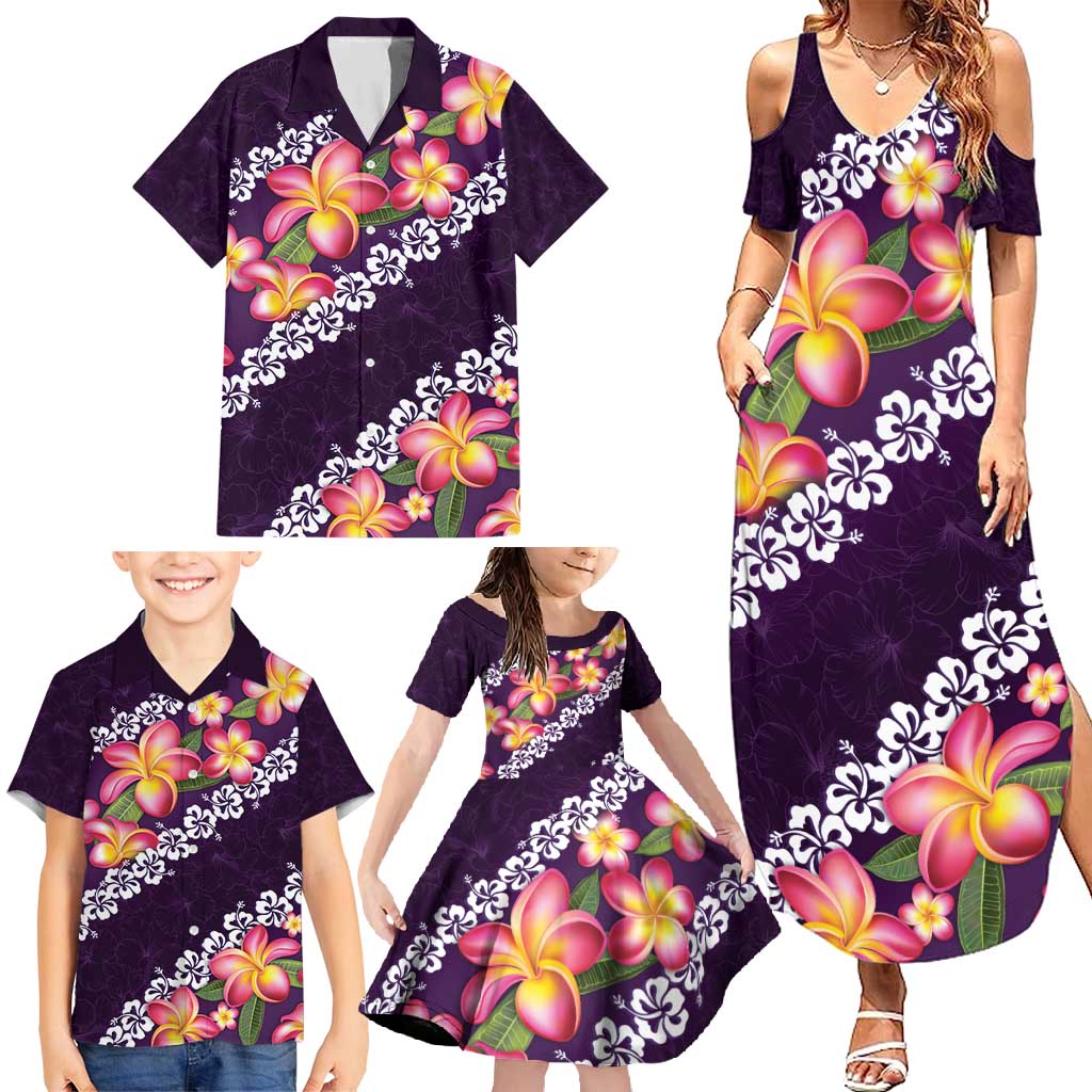 Purple Polynesia Family Matching Summer Maxi Dress and Hawaiian Shirt Plumeria With Hibiscus Pattern Tropical Vibes