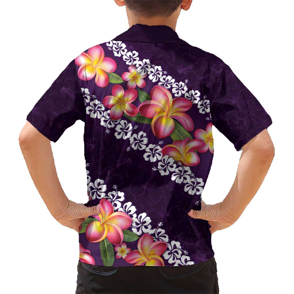 Purple Polynesia Kid Hawaiian Shirt Plumeria With Hibiscus Pattern Tropical Vibes