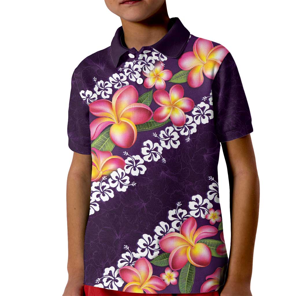 Purple Polynesia Kid Polo Shirt Plumeria With Hibiscus Pattern Tropical Vibes