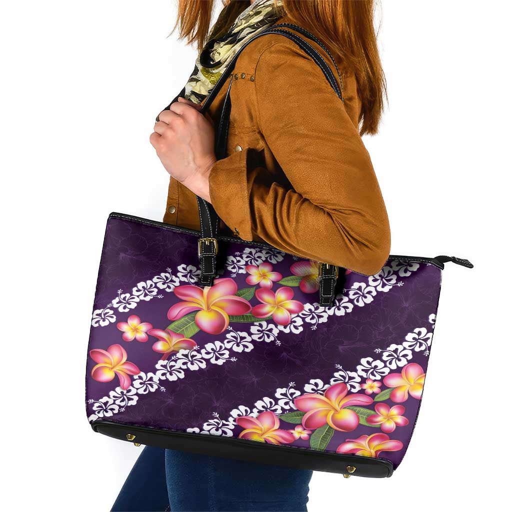 Purple Polynesia Leather Tote Bag Plumeria With Hibiscus Pattern Tropical Vibes