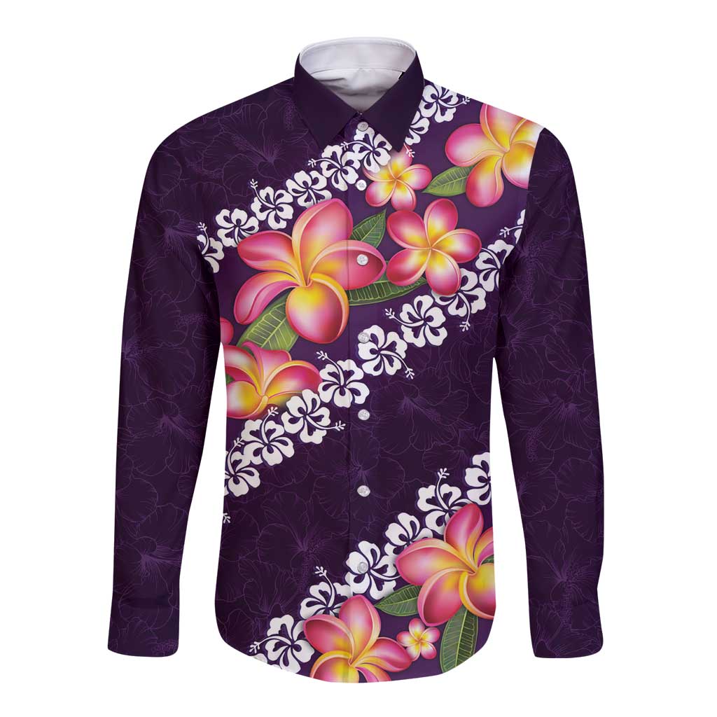 Purple Polynesia Long Sleeve Button Shirt Plumeria With Hibiscus Pattern Tropical Vibes