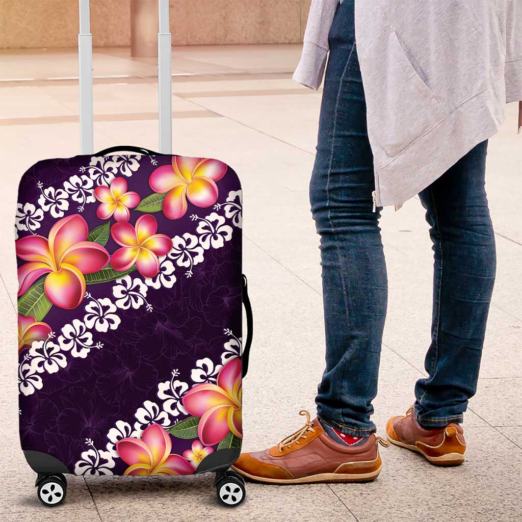 Purple Polynesia Luggage Cover Plumeria With Hibiscus Pattern Tropical Vibes