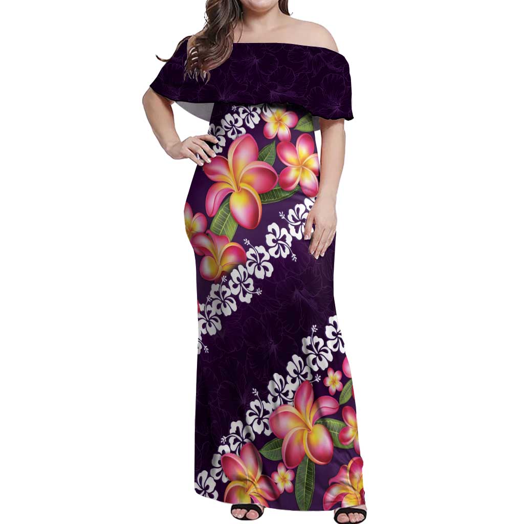 Purple Polynesia Off Shoulder Maxi Dress Plumeria With Hibiscus Pattern Tropical Vibes