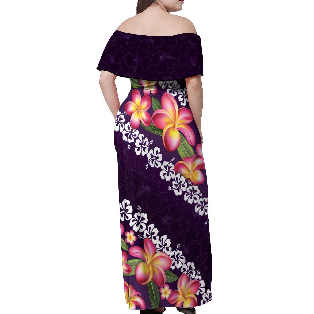 Purple Polynesia Off Shoulder Maxi Dress Plumeria With Hibiscus Pattern Tropical Vibes