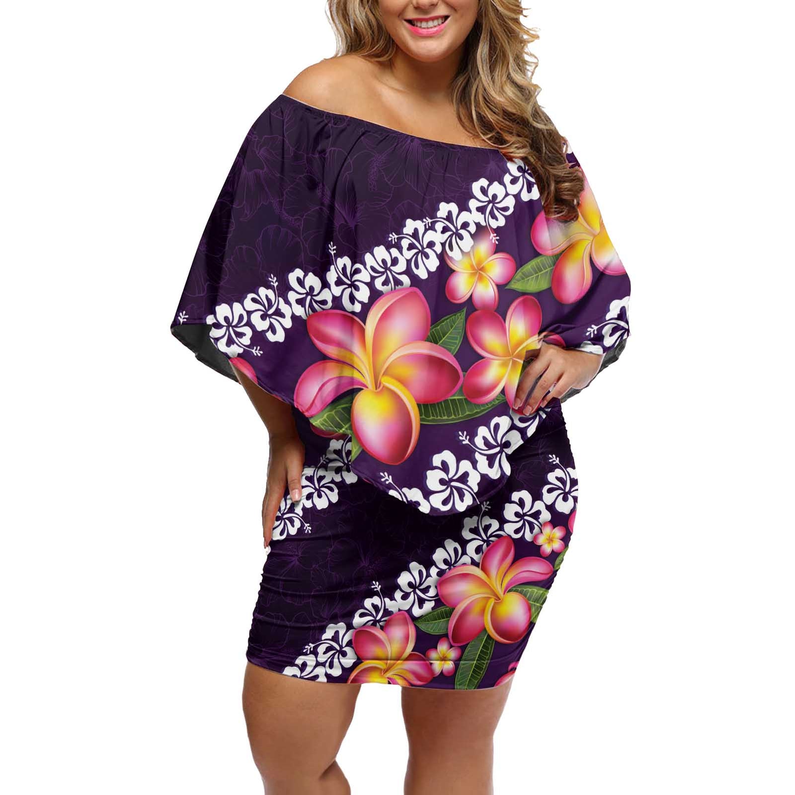 Purple Polynesia Off Shoulder Short Dress Plumeria With Hibiscus Pattern Tropical Vibes LT14 Women Purple - Polynesian Pride