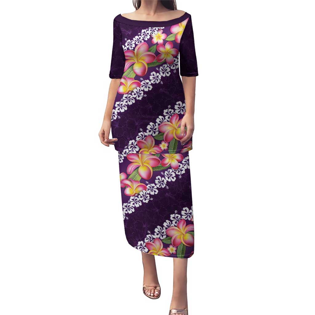 Purple Polynesia Puletasi Plumeria With Hibiscus Pattern Tropical Vibes LT14 Long Dress Purple - Polynesian Pride