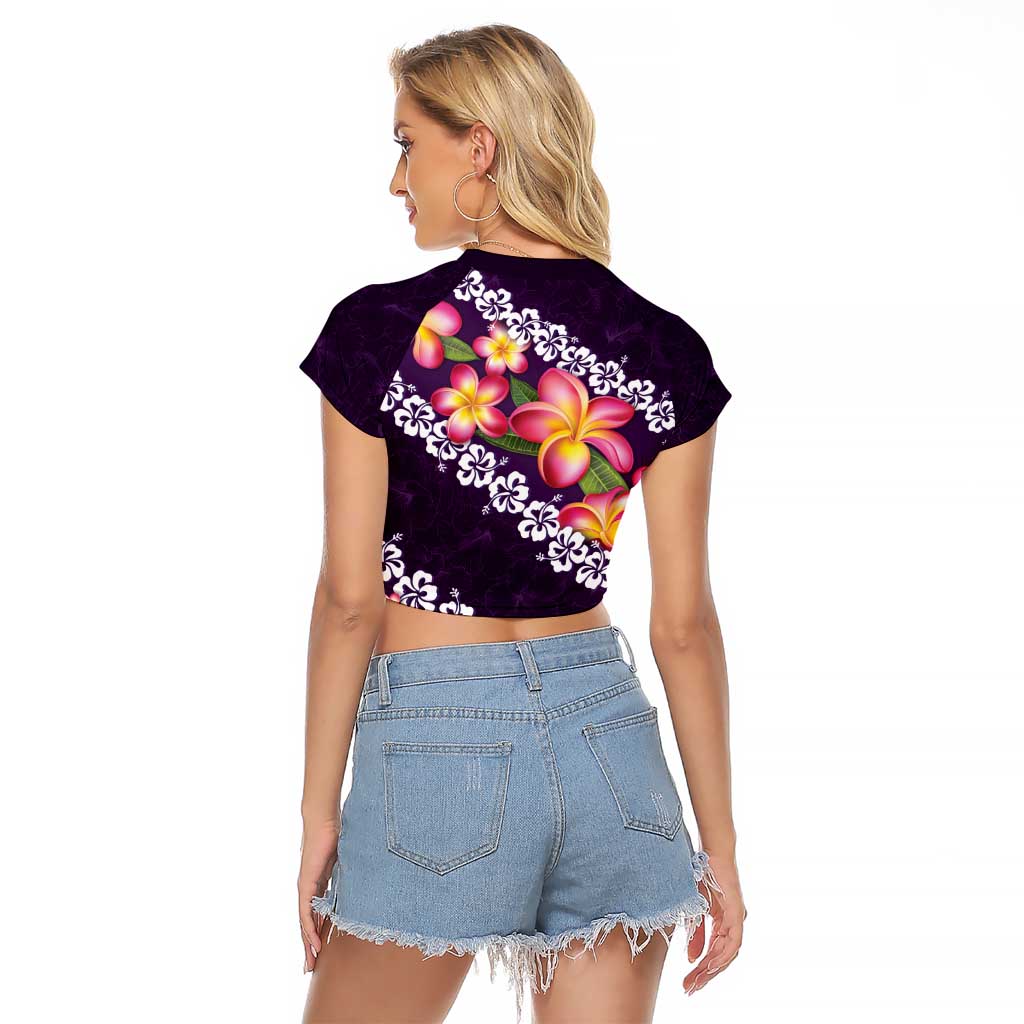 Purple Polynesia Raglan Cropped T Shirt Plumeria With Hibiscus Pattern Tropical Vibes