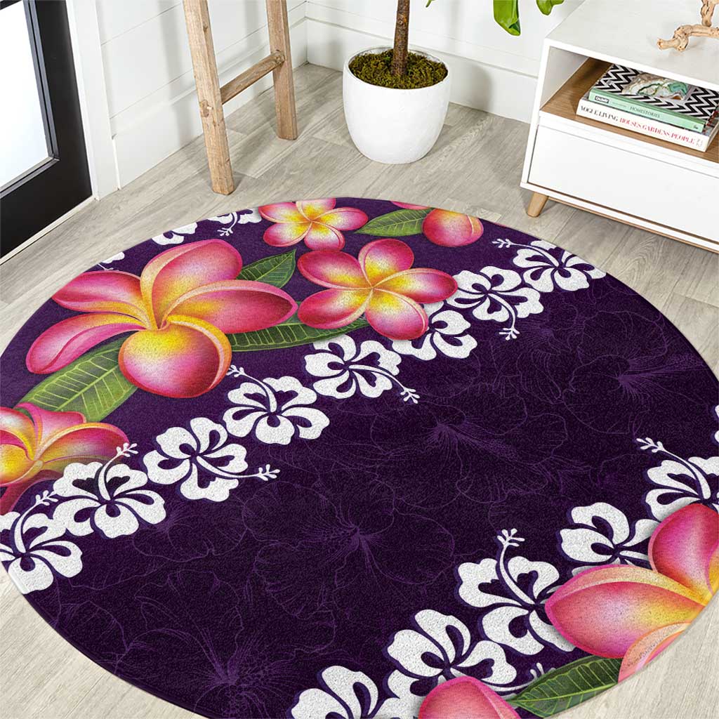 Purple Polynesia Round Carpet Plumeria With Hibiscus Pattern Tropical Vibes