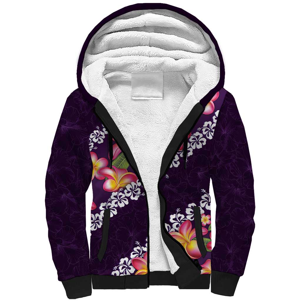 Purple Polynesia Sherpa Hoodie Plumeria With Hibiscus Pattern Tropical Vibes LT14 Unisex Purple - Polynesian Pride