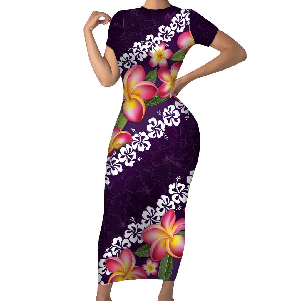 Purple Polynesia Short Sleeve Bodycon Dress Plumeria With Hibiscus Pattern Tropical Vibes